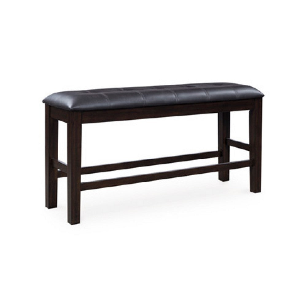Hado Counter Height Bench, 50 Inch Black Faux Leather Padded, Brown Wood - BM345206