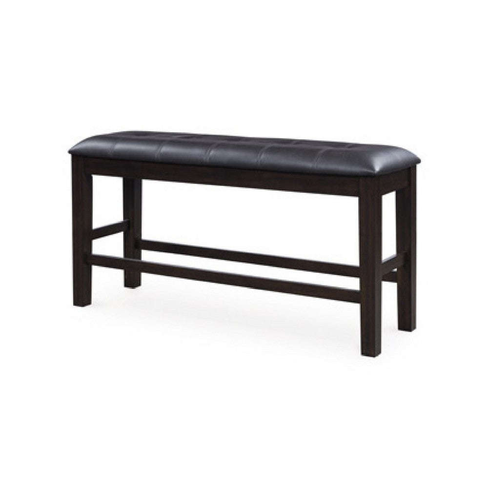 Hado Counter Height Bench, 50 Inch Black Faux Leather Padded, Brown Wood - BM345206