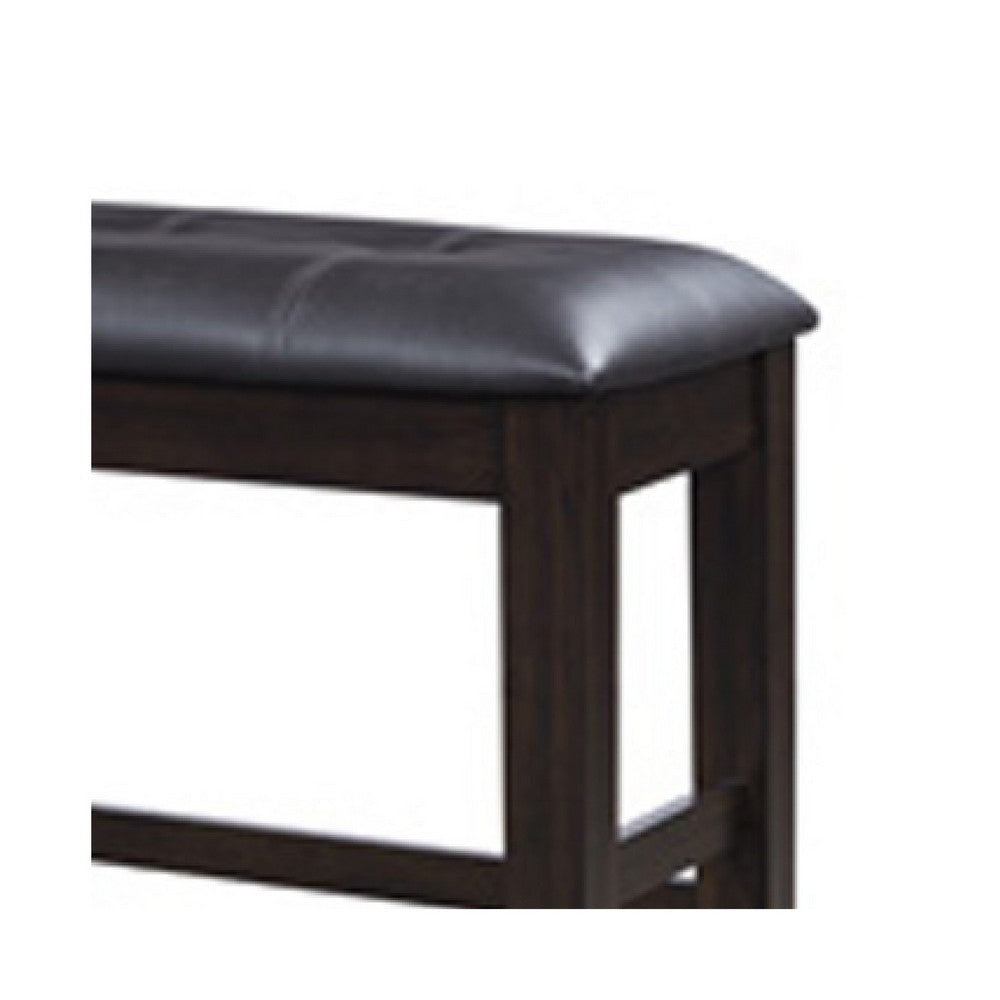 Hado Counter Height Bench, 50 Inch Black Faux Leather Padded, Brown Wood - BM345206
