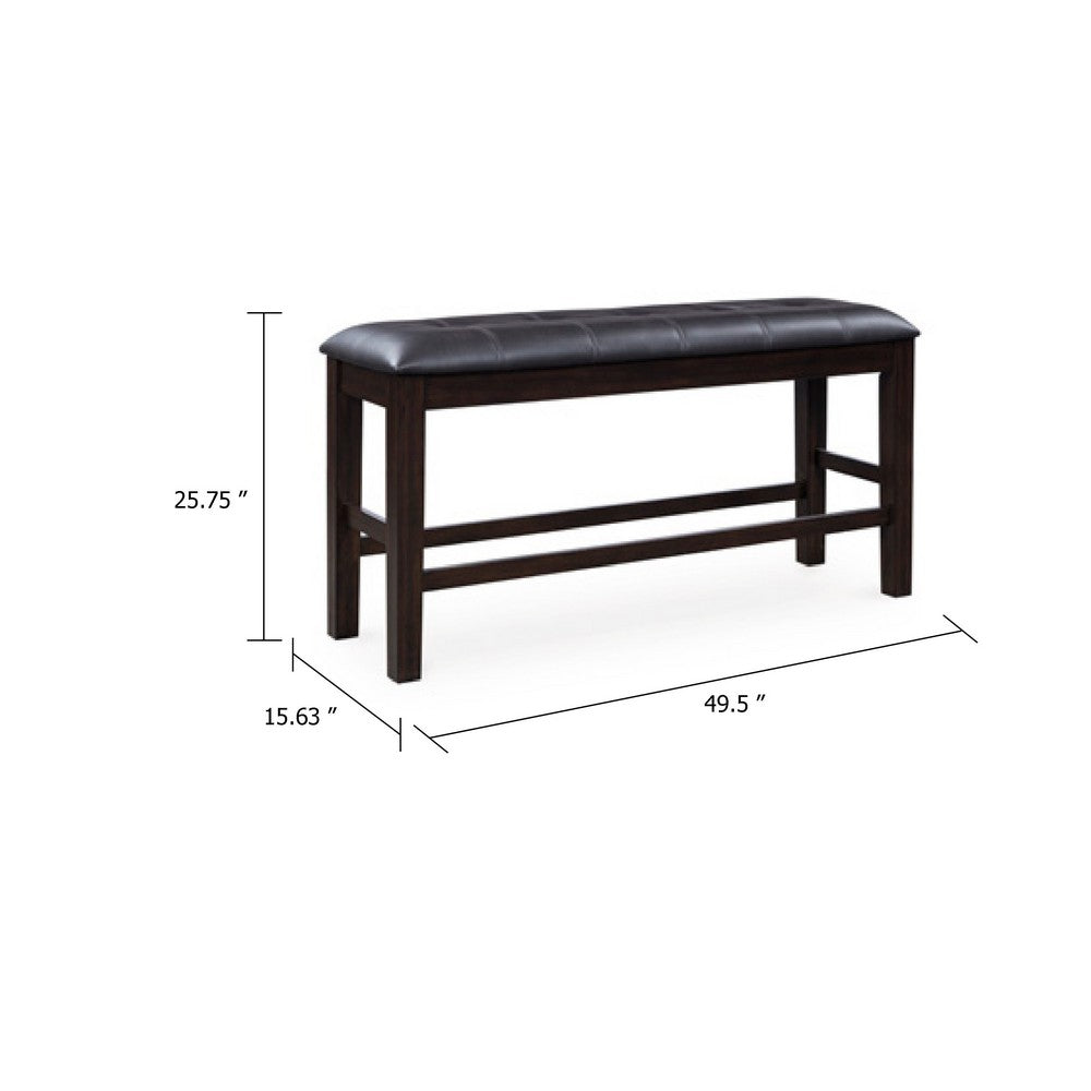 Hado Counter Height Bench, 50 Inch Black Faux Leather Padded, Brown Wood - BM345206