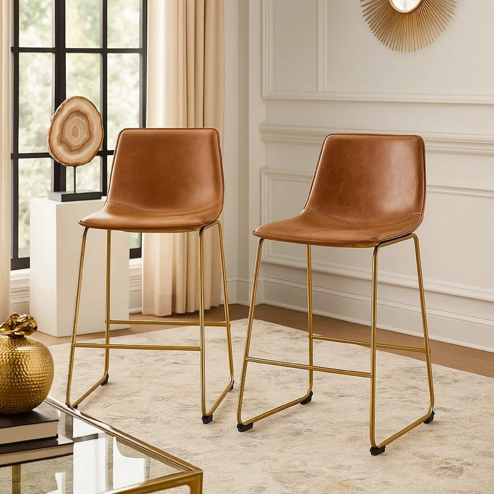 Cia Counter Height Chair Set of 2, Bucket Faux Leather Seat, Gold Legs - BM345214