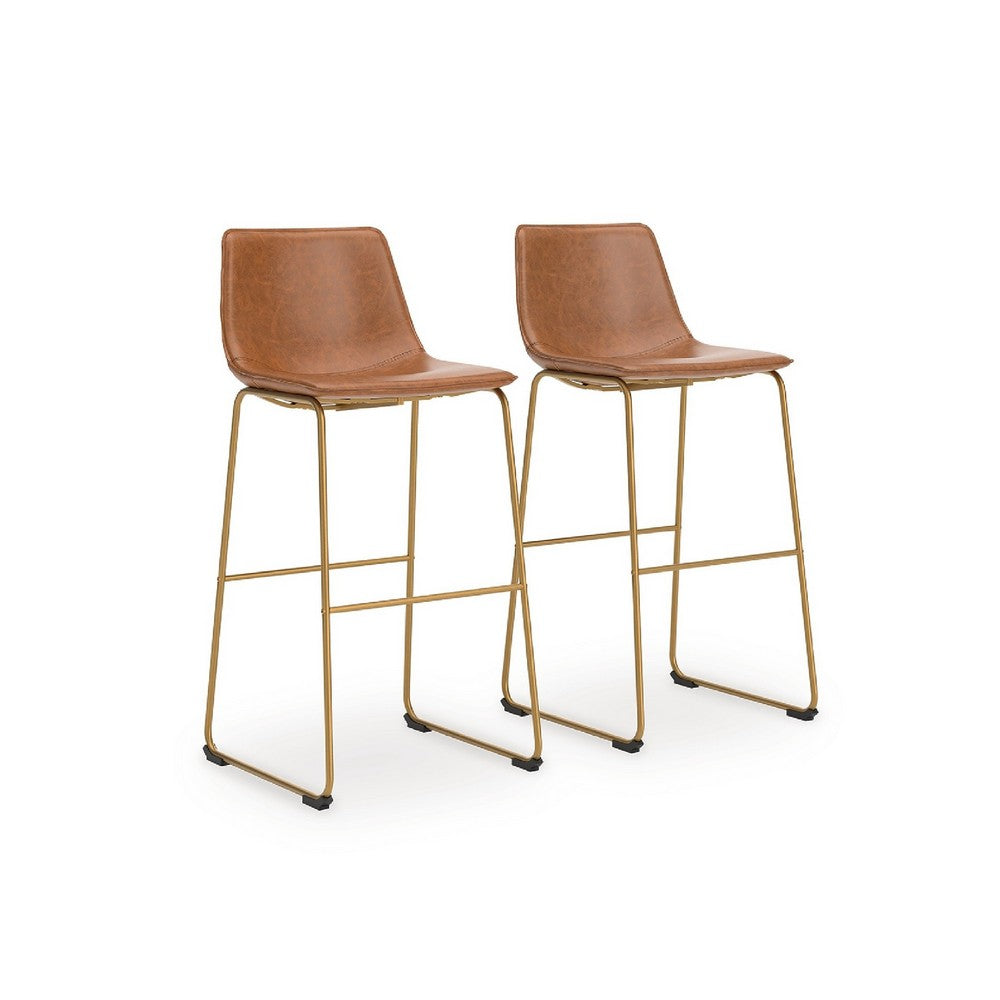 Cia Tall Barstool Chair Set of 2, Bucket Faux Leather Seat, Gold Legs - BM345215