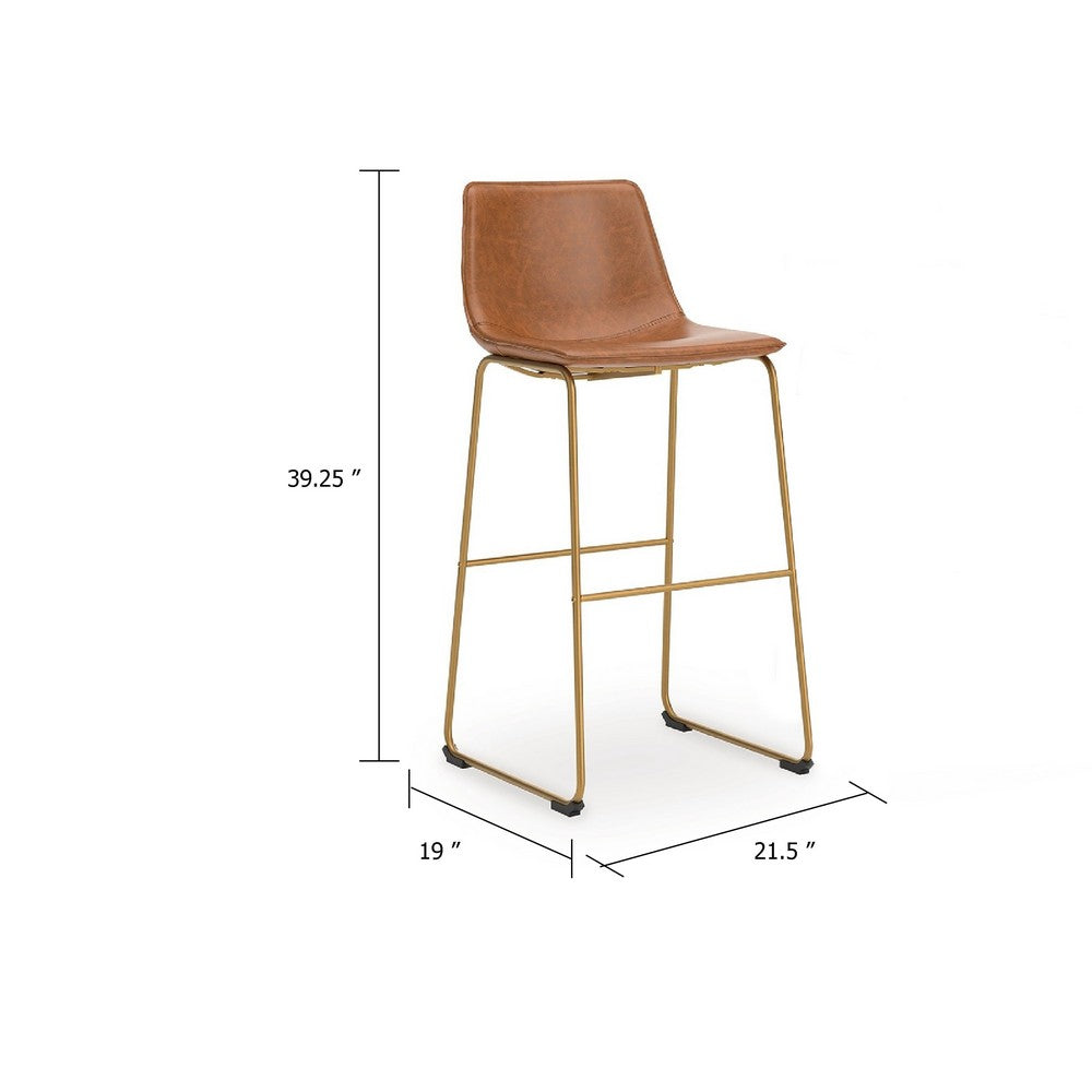 Cia Tall Barstool Chair Set of 2, Bucket Faux Leather Seat, Gold Legs - BM345215