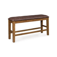 Fori Counter Height Bench, 50 Inch Faux Leather Seat, Light Brown Legs - BM345219