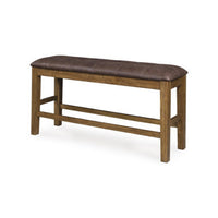Fori Counter Height Bench, 50 Inch Faux Leather Seat, Light Brown Legs - BM345219
