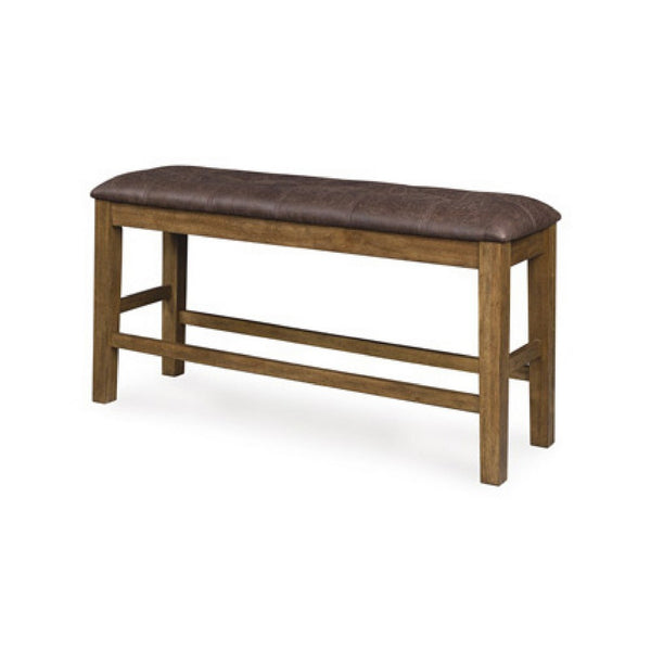 Fori Counter Height Bench, 50 Inch Faux Leather Seat, Light Brown Legs - BM345219