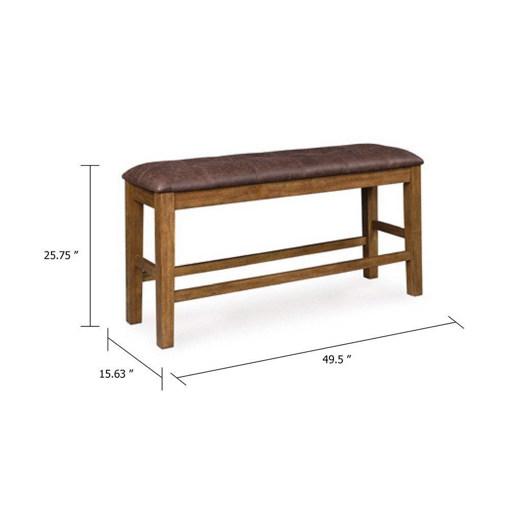 Fori Counter Height Bench, 50 Inch Faux Leather Seat, Light Brown Legs - BM345219
