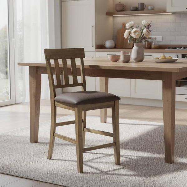 Fori Barstool Chair Set of 2, Faux Leather Seats, Light Brown Legs - BM345220