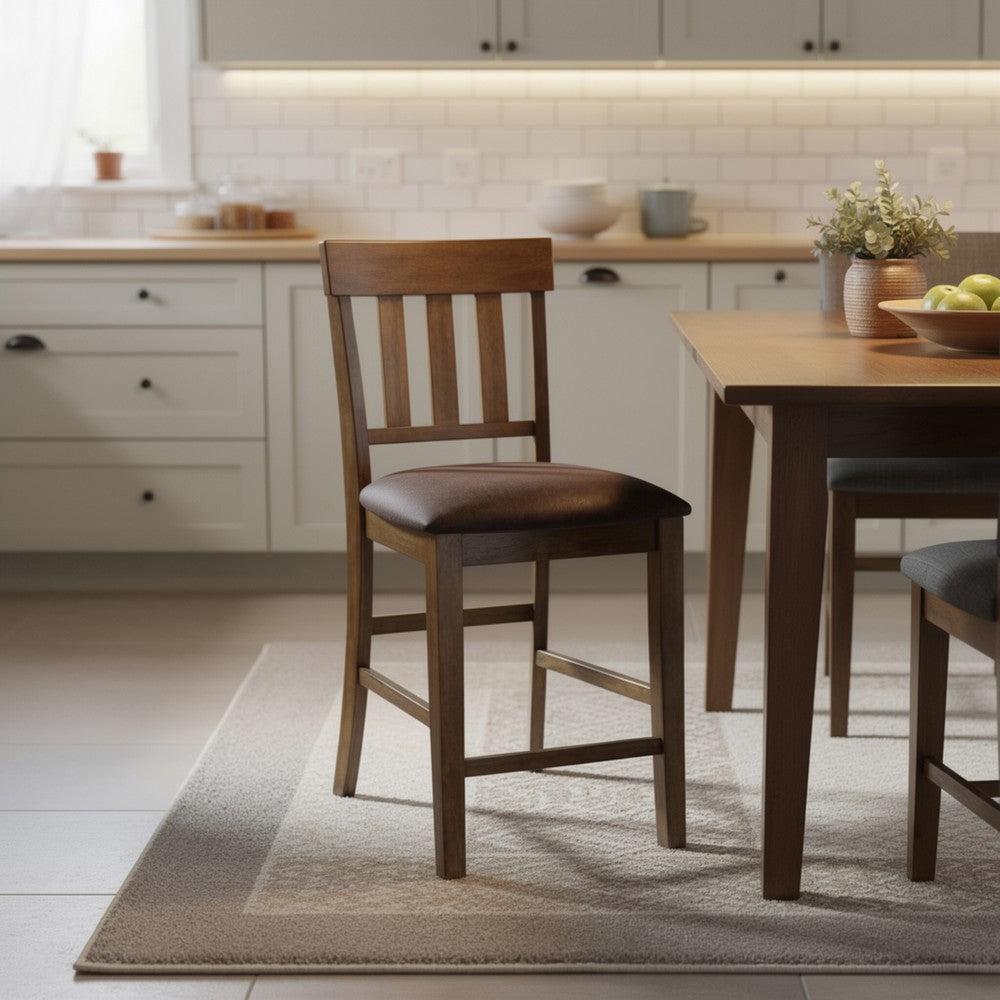 Fori Barstool Chair Set of 2, Faux Leather Seats, Light Brown Legs - BM345220