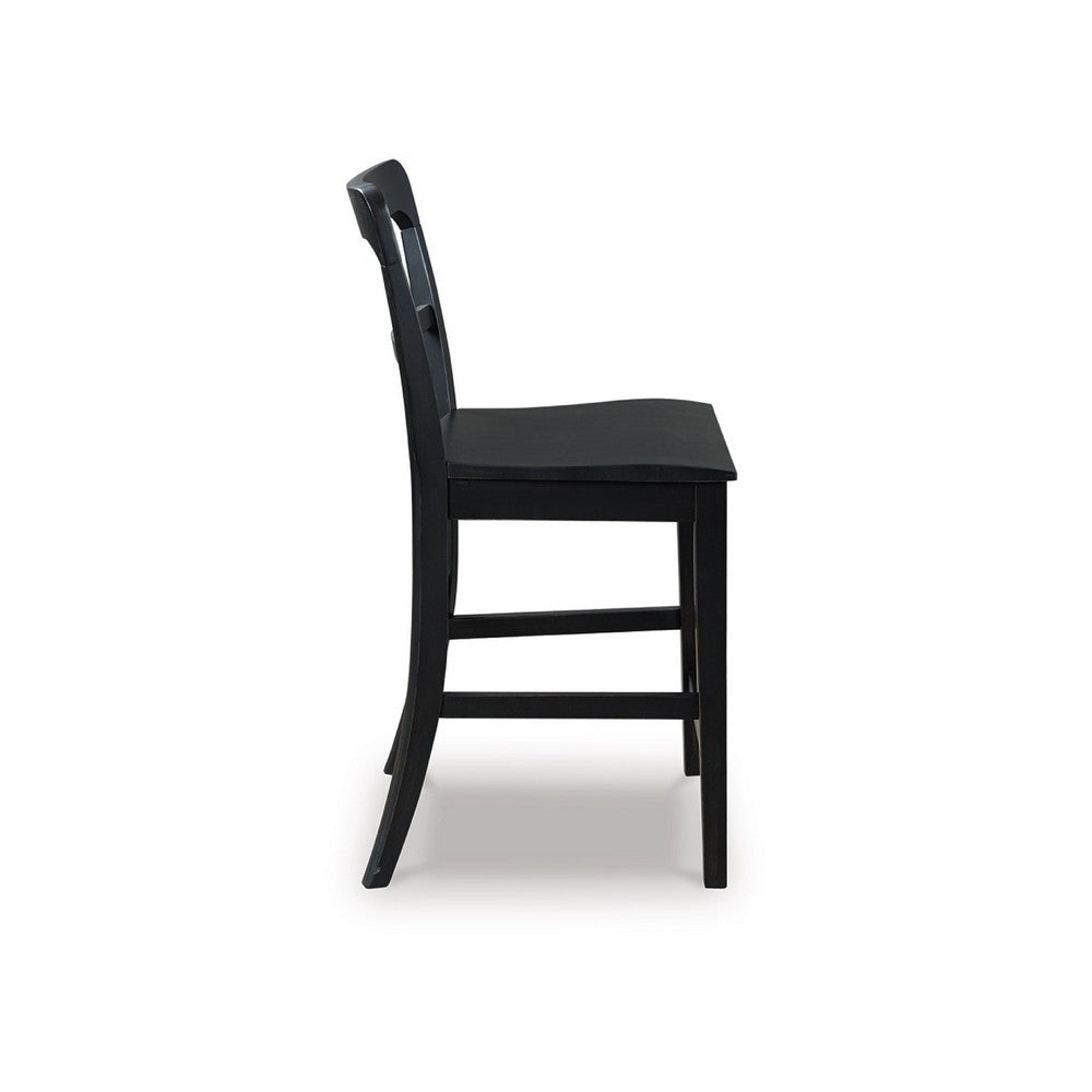 Gela Counter Stool Chair Set of 2, Stylized Ladder Back, Plank Seat, Black - BM345229