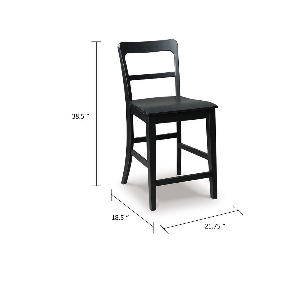 Gela Counter Stool Chair Set of 2, Stylized Ladder Back, Plank Seat, Black - BM345229