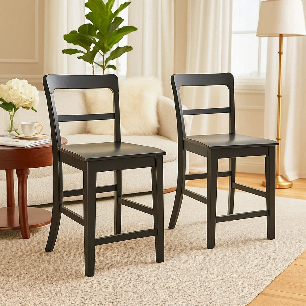 Gela Counter Stool Chair Set of 2, Stylized Ladder Back, Plank Seat, Black - BM345229