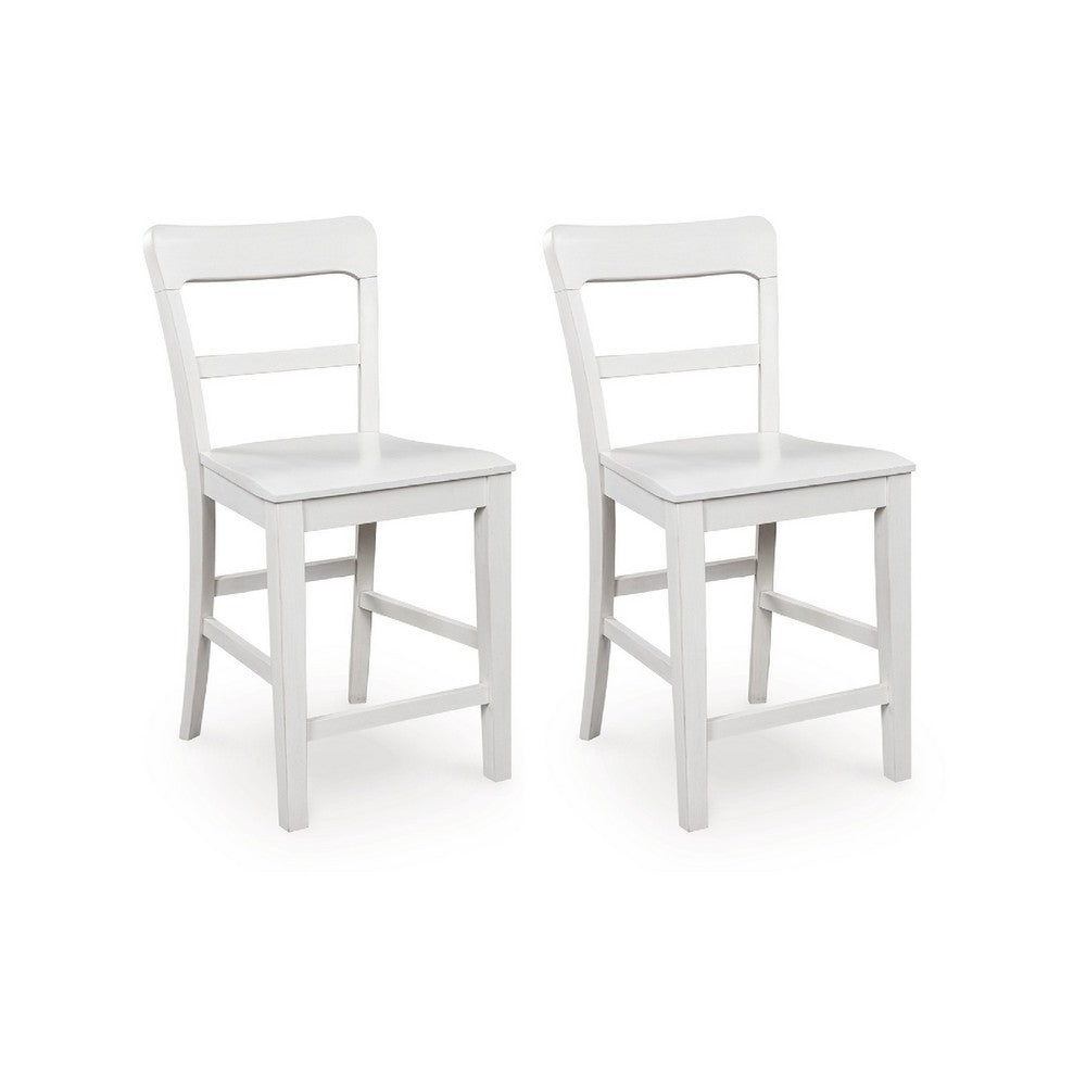 Gela Counter Stool Chair Set of 2, Stylized Ladder Back, Plank Seat, White - BM345231