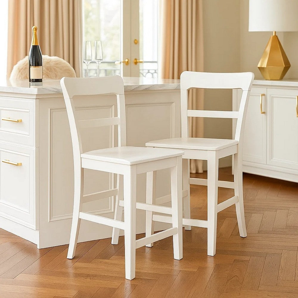 Gela Counter Stool Chair Set of 2, Stylized Ladder Back, Plank Seat, White - BM345231