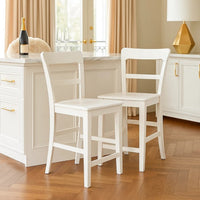 Gela Counter Stool Chair Set of 2, Stylized Ladder Back, Plank Seat, White - BM345231