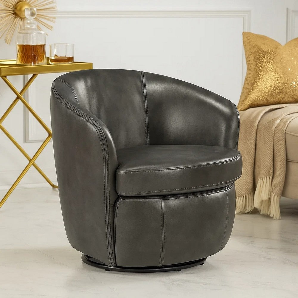 Dey Swivel Barrel Chair with Curved Back, Smoky Gray Top Grain Leather - BM345329