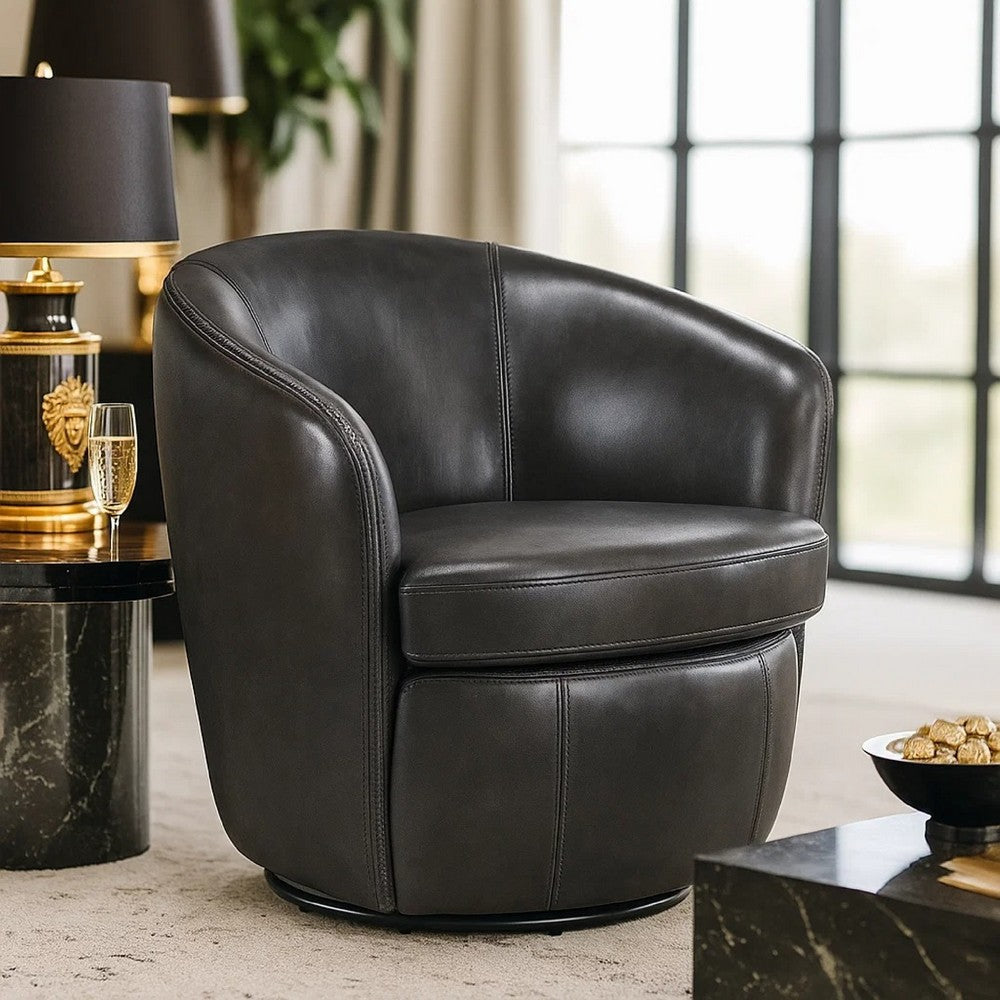 Dey Swivel Barrel Chair with Curved Back, Smoky Gray Top Grain Leather - BM345329