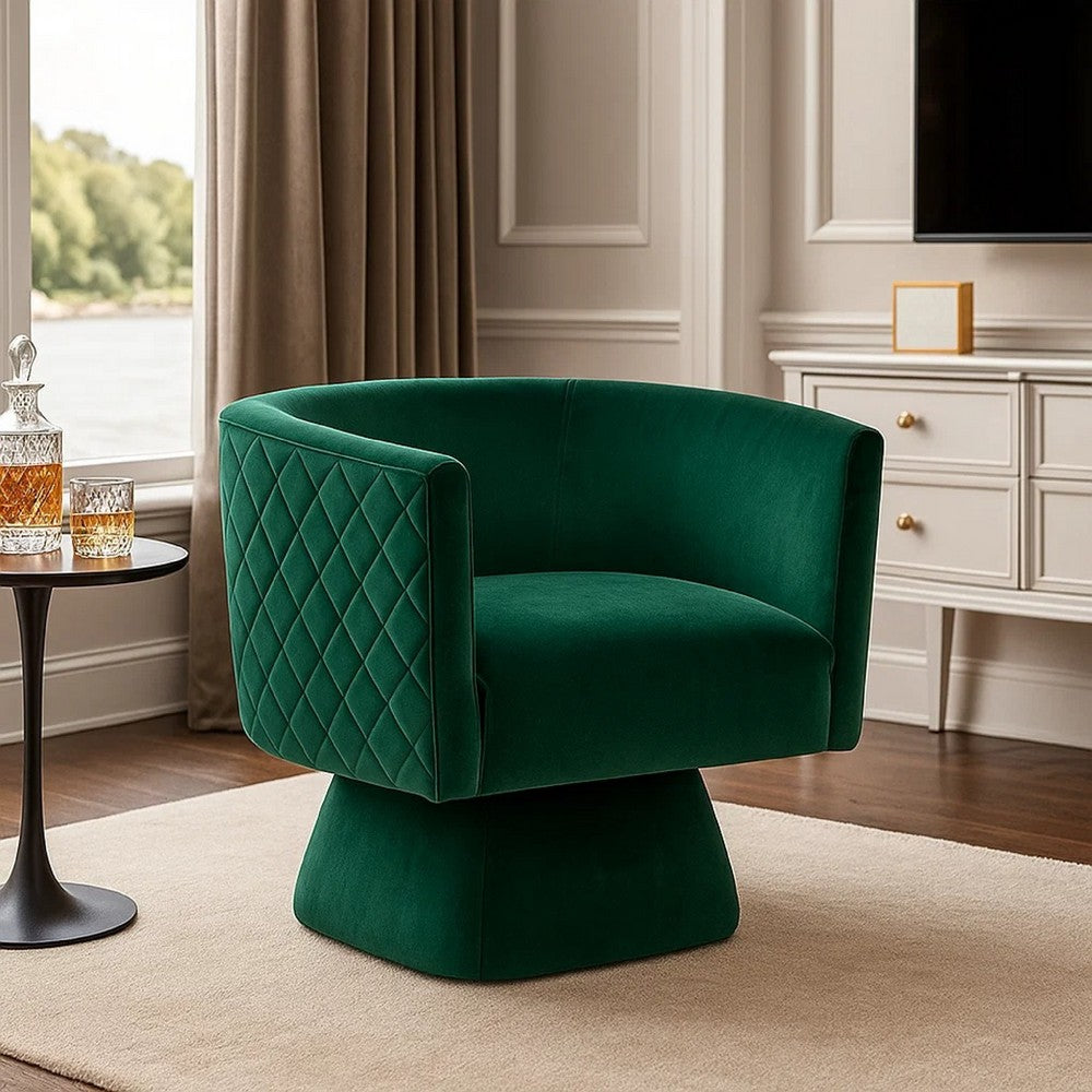 Cabe Swivel Accent Armchair, Diamond Stitch Back, Emerald Green Velvet - BM345362
