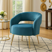 Noel Accent Chair, Curved Open Back, Teal Blue Velvet, Gold Metal Legs - BM345366