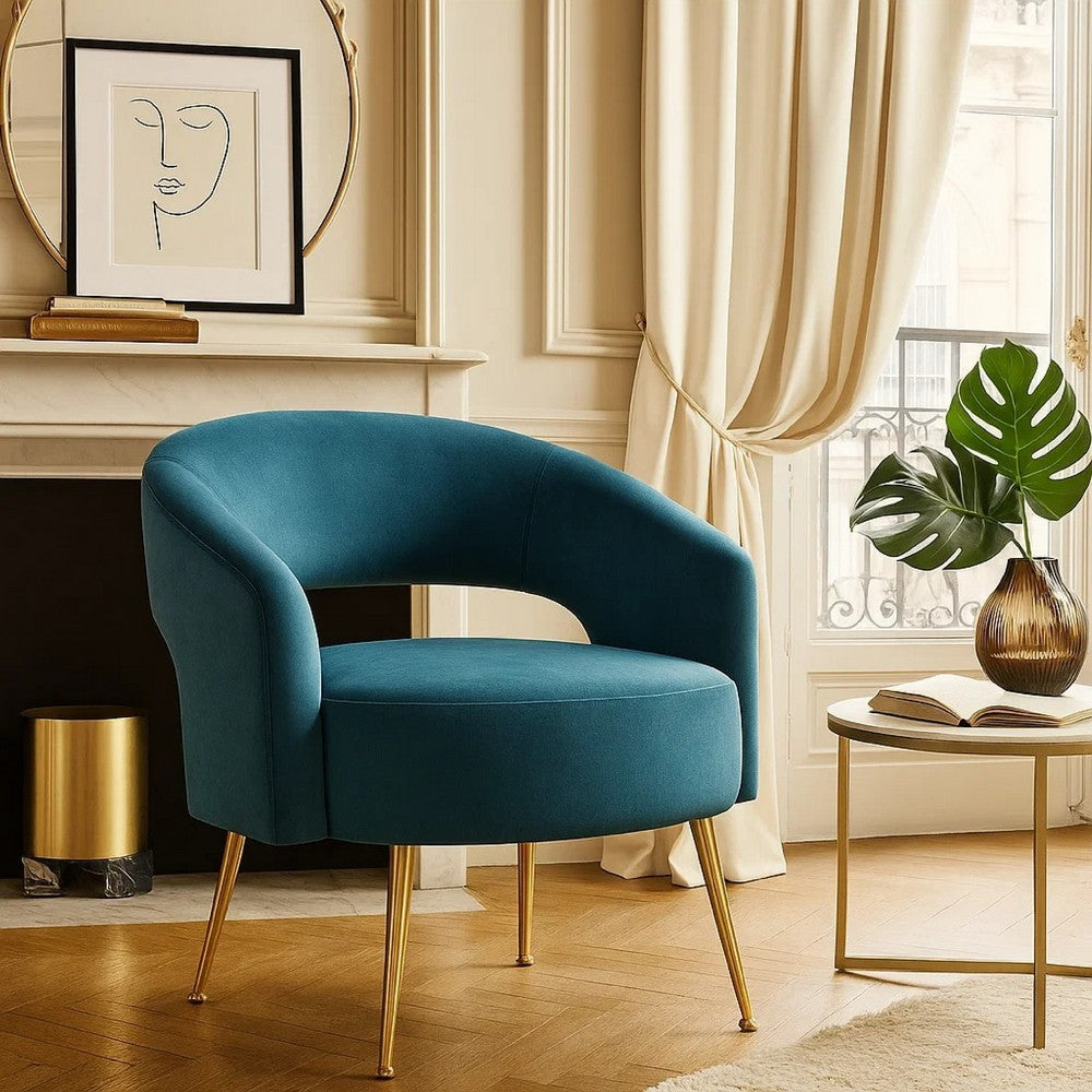 Noel Accent Chair, Curved Open Back, Teal Blue Velvet, Gold Metal Legs - BM345366