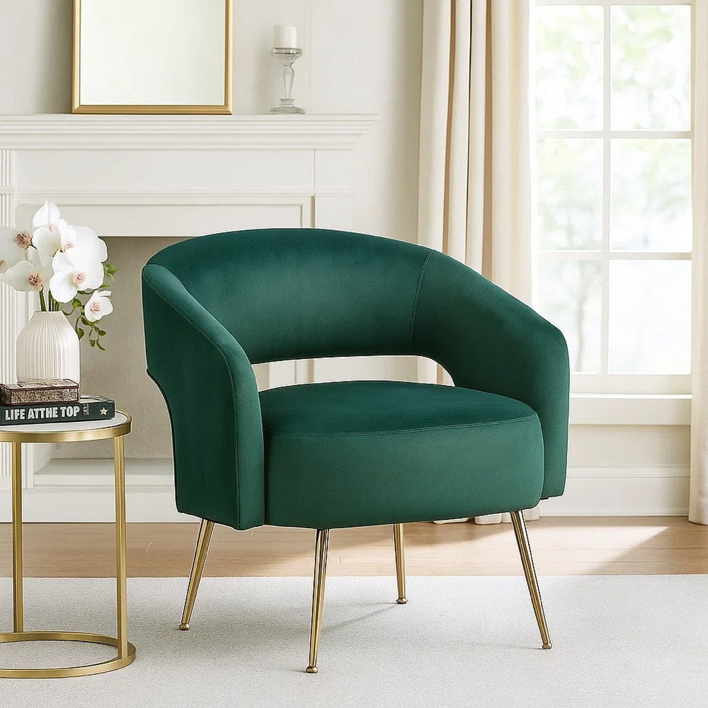 Noel Accent Chair, Curved Open Back, Dark Green Velvet, Gold Metal Legs - BM345367