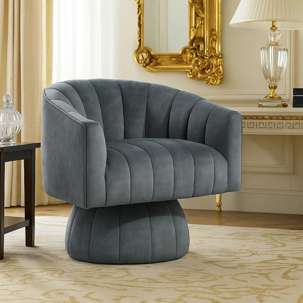 Rex Swivel Accent Chair, Barrel Channel Stitched Velvet, Dark Gray - BM345369