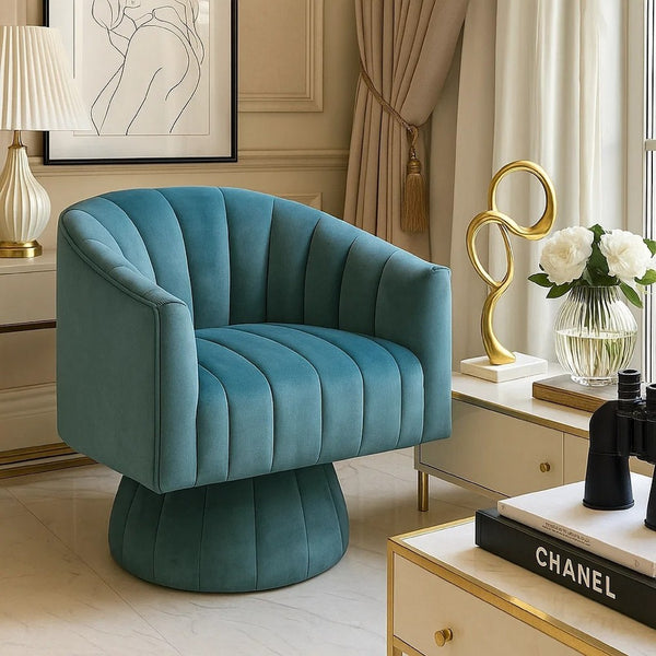 Rex Swivel Accent Chair, Barrel Channel Stitched Velvet, Teal Blue - BM345370