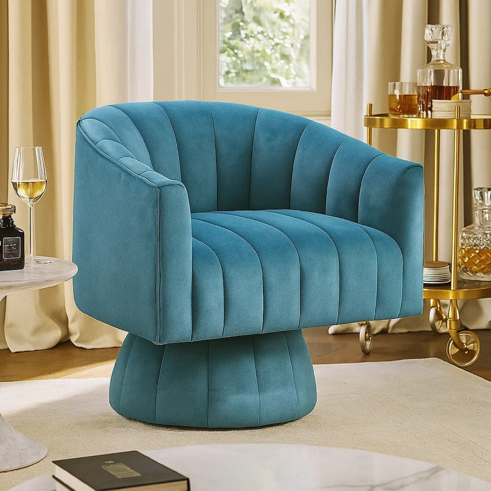 Rex Swivel Accent Chair, Barrel Channel Stitched Velvet, Teal Blue - BM345370