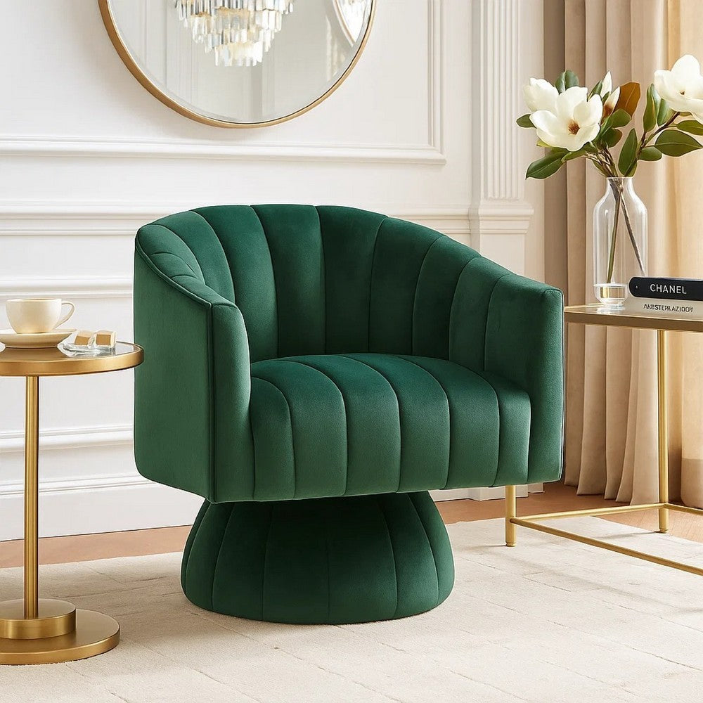 Rex Swivel Accent Chair, Barrel Channel Stitched Velvet, Green - BM345371