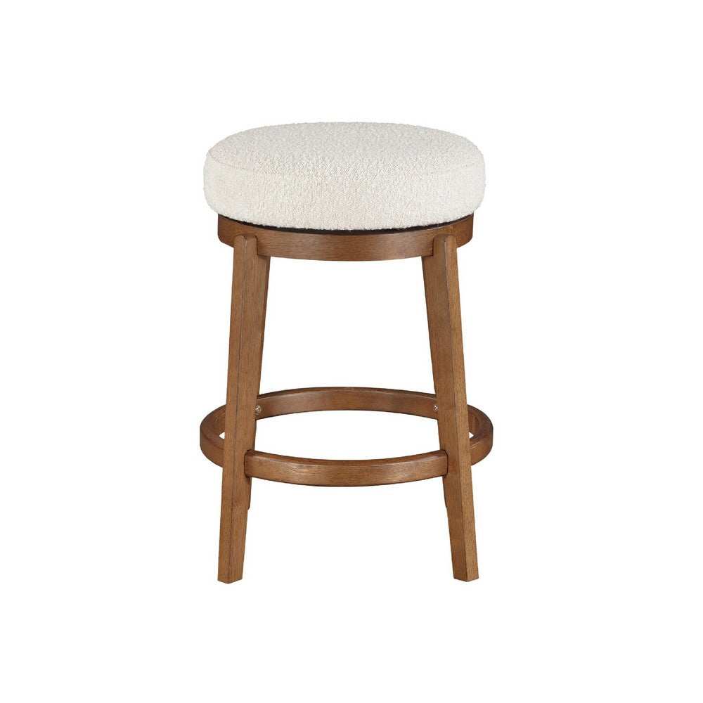 Lex Swivel Counter Stool, 27 Inch Backless, White Boucle, Brown Legs - BM345373