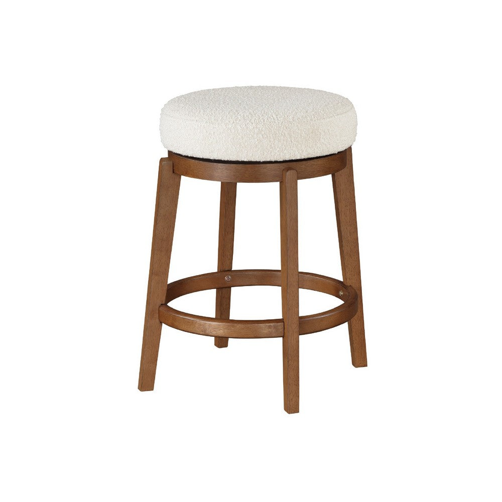 Lex Swivel Counter Stool, 27 Inch Backless, White Boucle, Brown Legs - BM345373