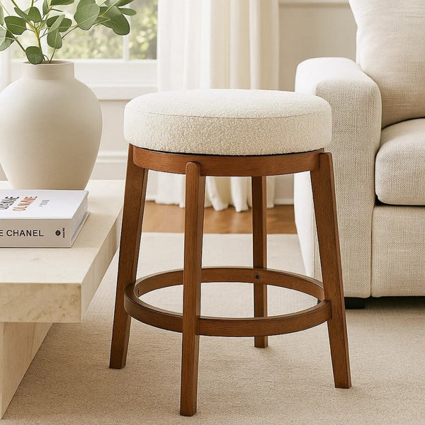 Lex Swivel Counter Stool, 27 Inch Backless, White Boucle, Brown Legs - BM345373