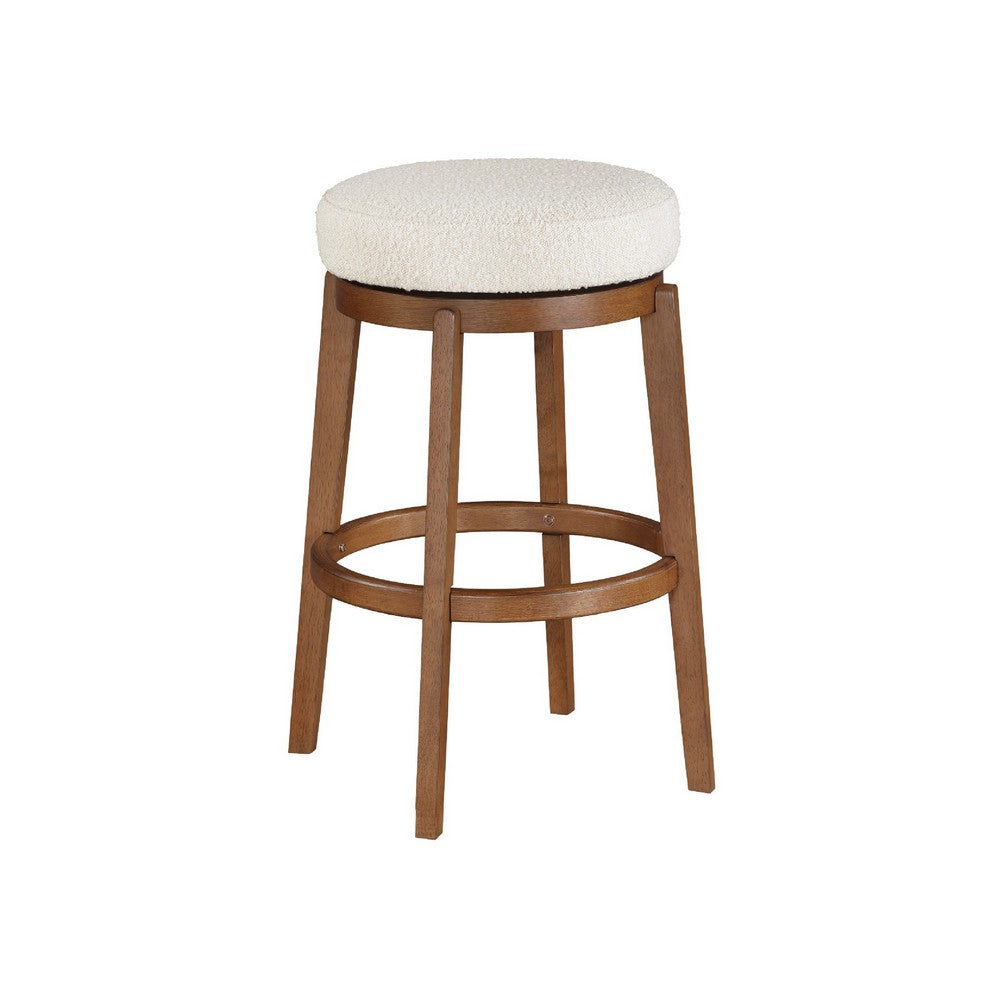 Lex Swivel Bar Stool, 31 Inch Backless, White Boucle Seat, Brown Legs - BM345374