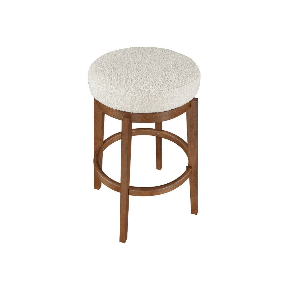 Lex Swivel Bar Stool, 31 Inch Backless, White Boucle Seat, Brown Legs - BM345374