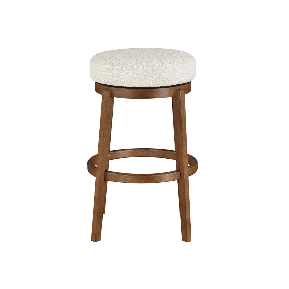 Lex Swivel Bar Stool, 31 Inch Backless, White Boucle Seat, Brown Legs - BM345374