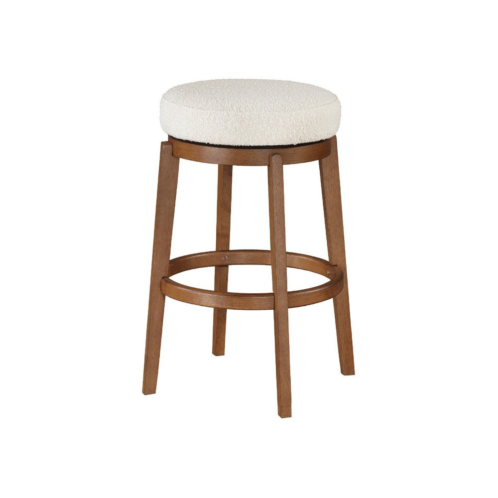 Lex Swivel Bar Stool, 31 Inch Backless, White Boucle Seat, Brown Legs - BM345374