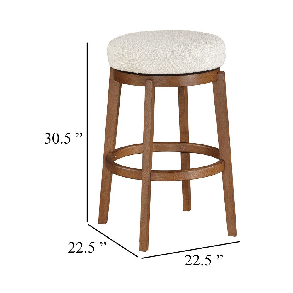 Lex Swivel Bar Stool, 31 Inch Backless, White Boucle Seat, Brown Legs - BM345374