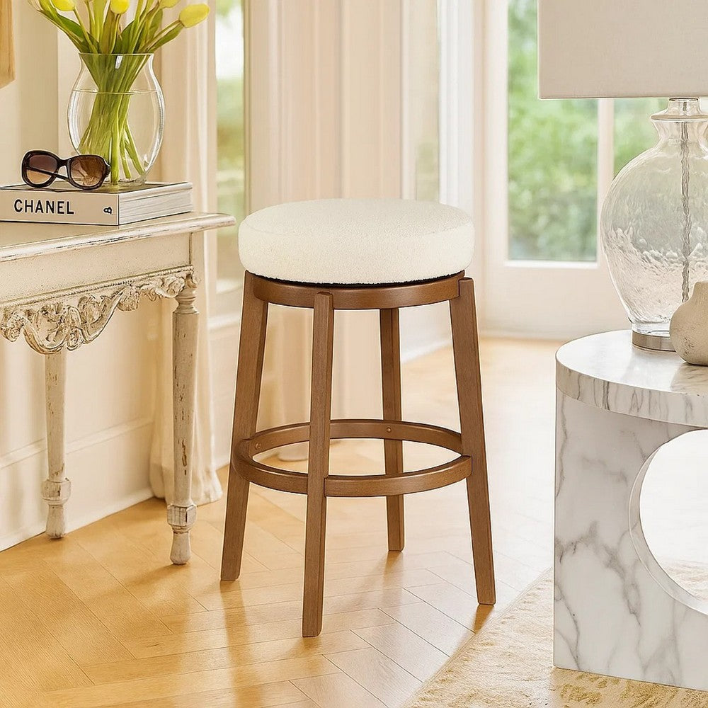 Lex Swivel Bar Stool, 31 Inch Backless, White Boucle Seat, Brown Legs - BM345374