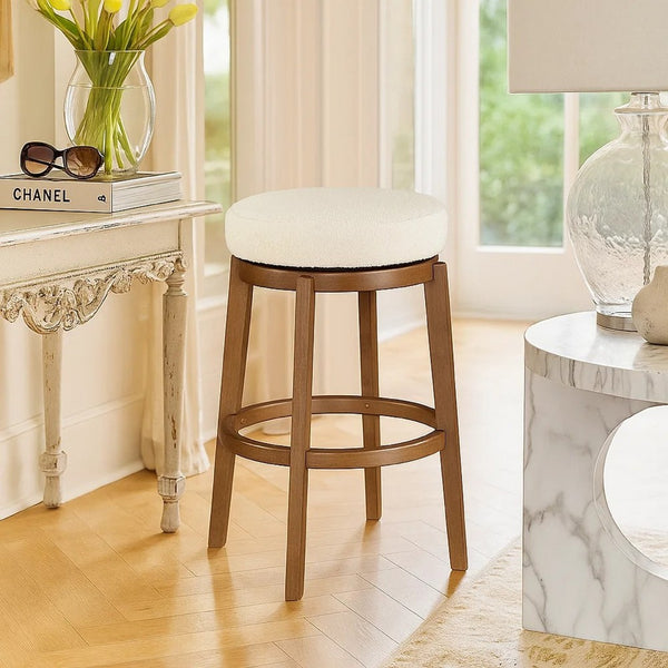 Lex Swivel Bar Stool, 31 Inch Backless, White Boucle Seat, Brown Legs - BM345374