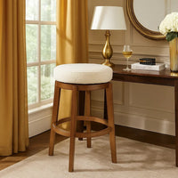 Lex Swivel Bar Stool, 31 Inch Backless, White Boucle Seat, Brown Legs - BM345374