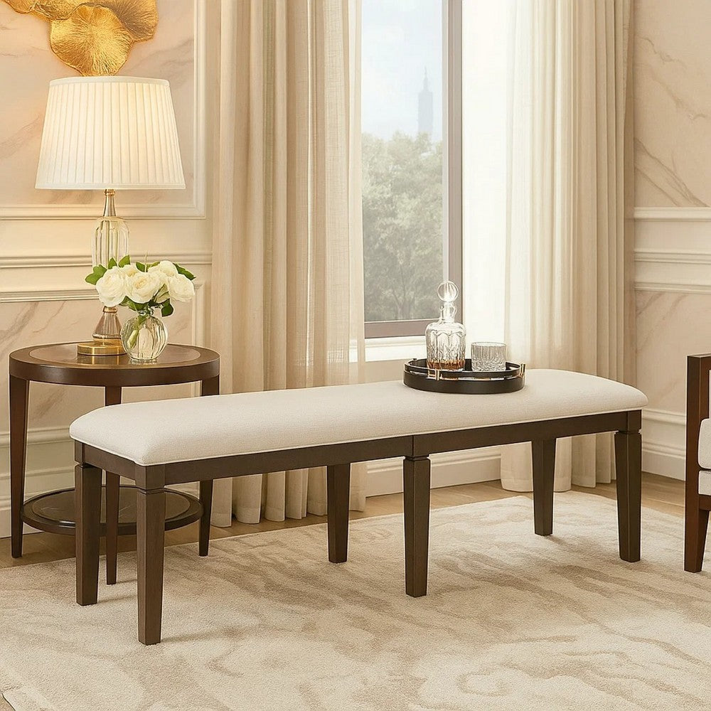 Vicy Bench, 58 Inch Beige Textured Fabric Seat, Espresso Brown Legs - BM345377