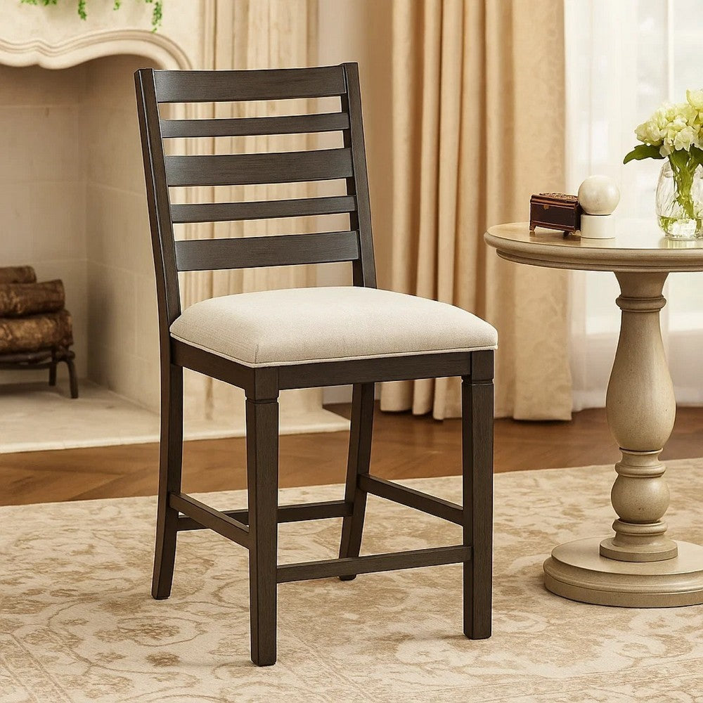 Vicy Counter Height Chair Set of 2, Beige Fabric Seat, Espresso Brown - BM345378