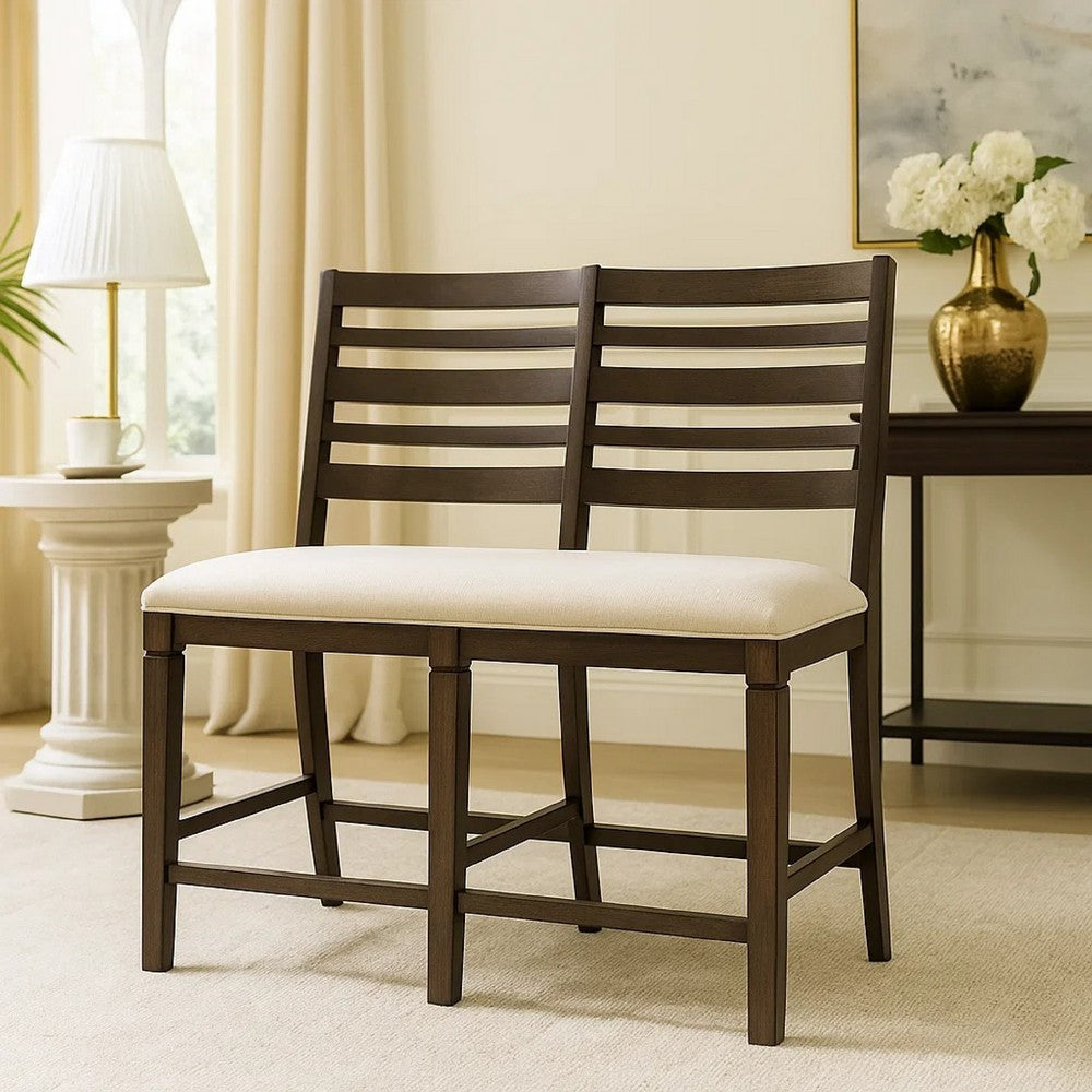 Vicy Counter Height Bench, Beige Fabric Seat, Espresso Brown Base - BM345379