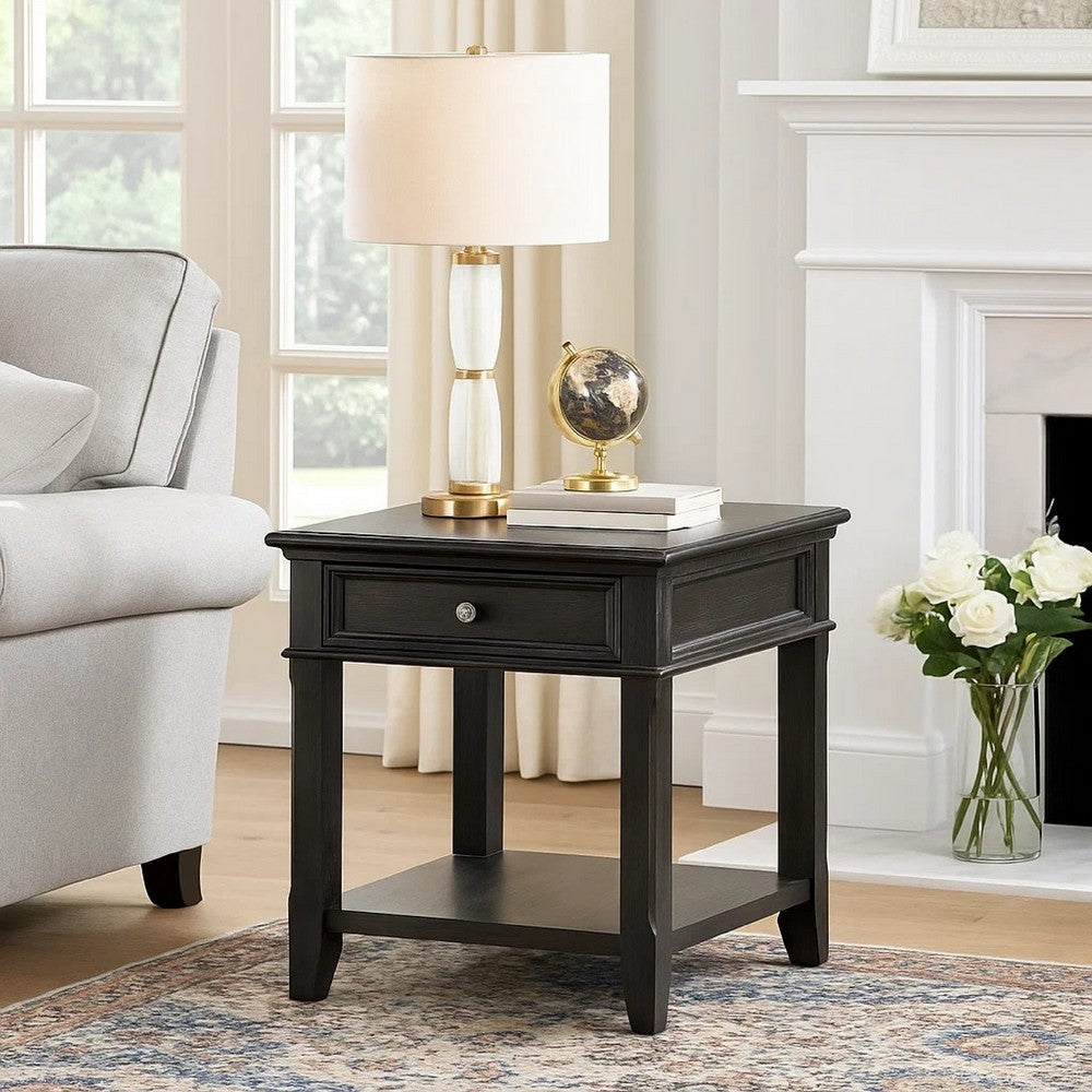 Riel Side End Table w USB Port, 27 Inch Top, 1 Drawer, Charcoal Black - BM345385