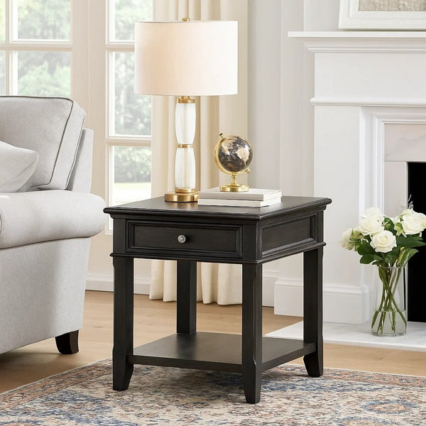 Riel Side End Table w USB Port, 27 Inch Top, 1 Drawer, Charcoal Black - BM345385