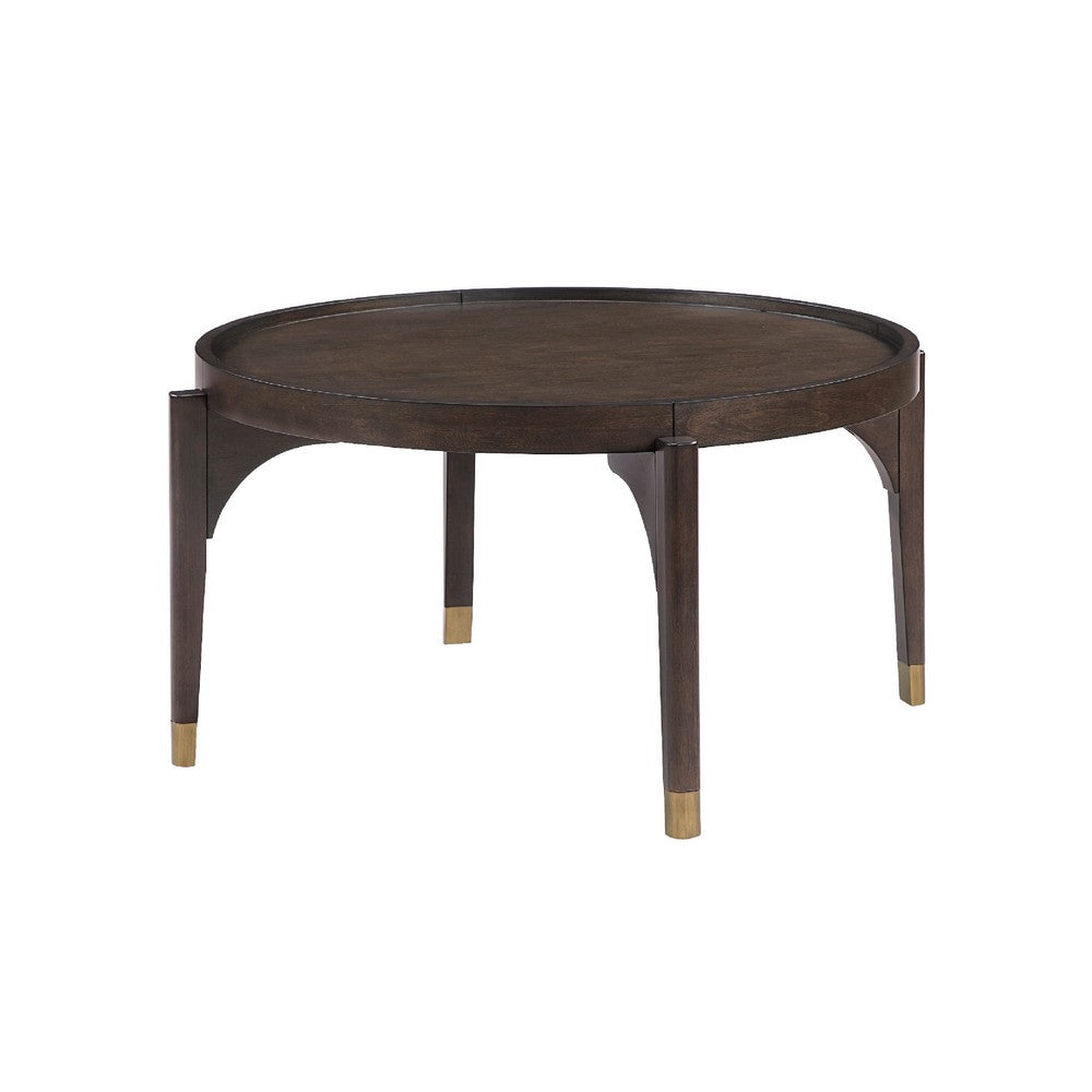 Azy Coffee Table, 36 Inch Round Top, Gold Capped Legs, Dark Brown  - BM345386