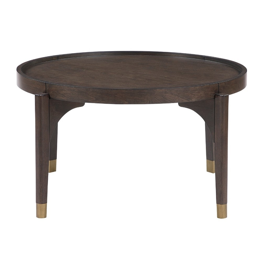 Azy Coffee Table, 36 Inch Round Top, Gold Capped Legs, Dark Brown  - BM345386