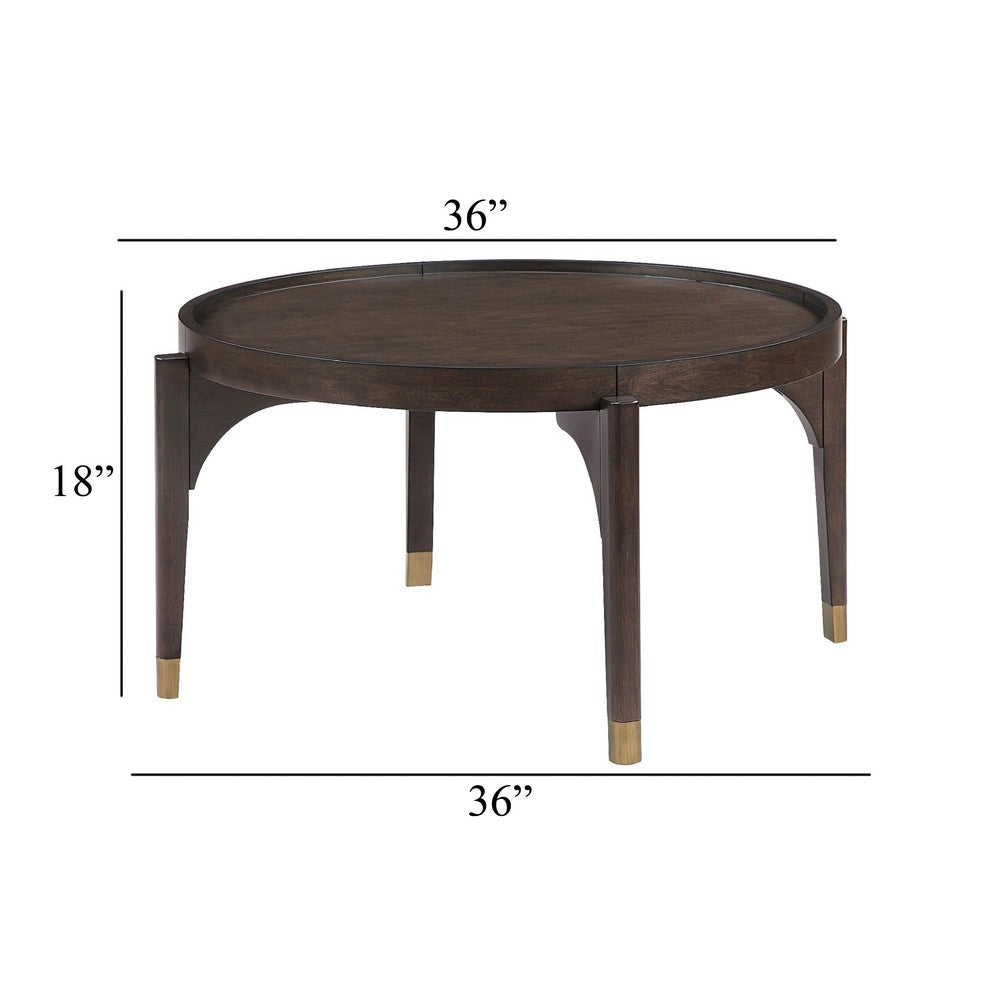 Azy Coffee Table, 36 Inch Round Top, Gold Capped Legs, Dark Brown  - BM345386