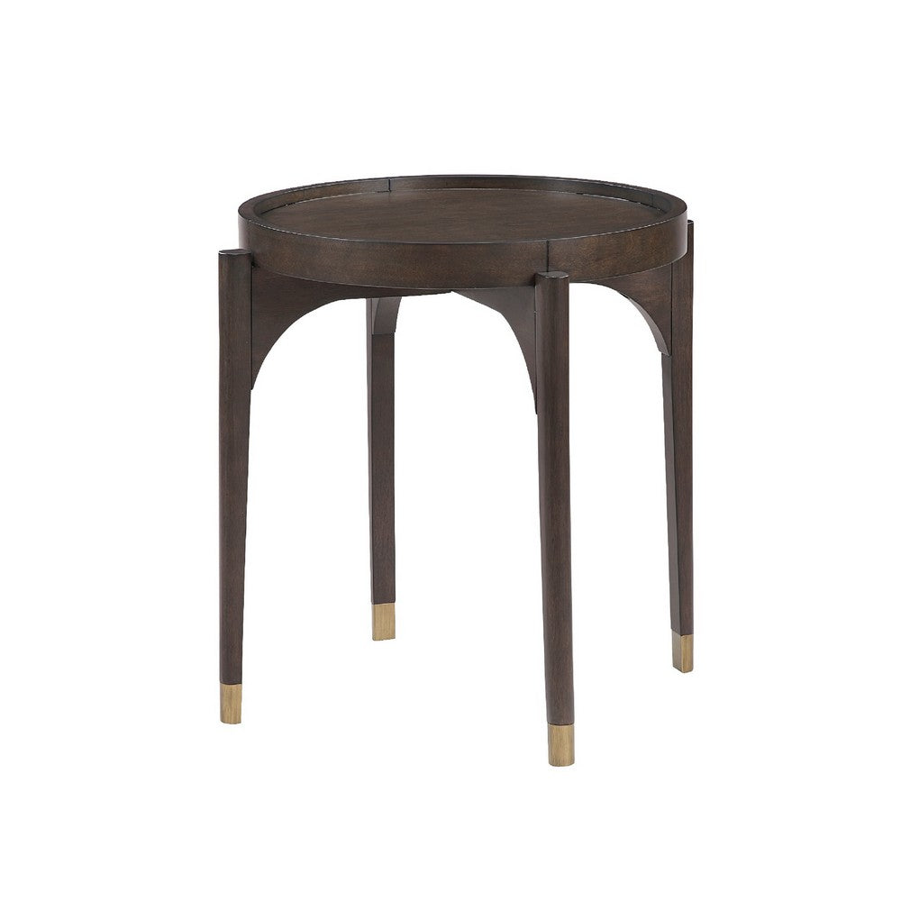 Azy Side End Table, 24 Inch Round Top, Gold Capped Legs, Dark Brown  - BM345387