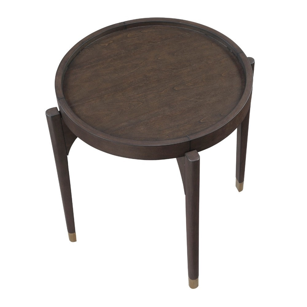 Azy Side End Table, 24 Inch Round Top, Gold Capped Legs, Dark Brown  - BM345387